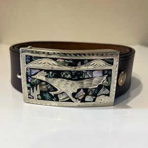 Alpaca Mexico Belt Buckle with Abalone Mother of Pearl Inlay and Leather Belt